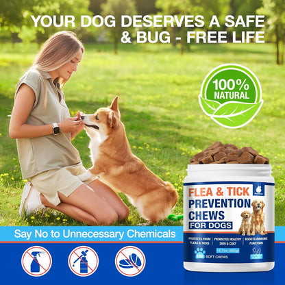 Flea and Tick Prevention for Dogs Chewables, Natural Dog Flea and Tick Treatment, Oral Flea Pills for Dogs Puppy, Skin & Coat Support Supplement