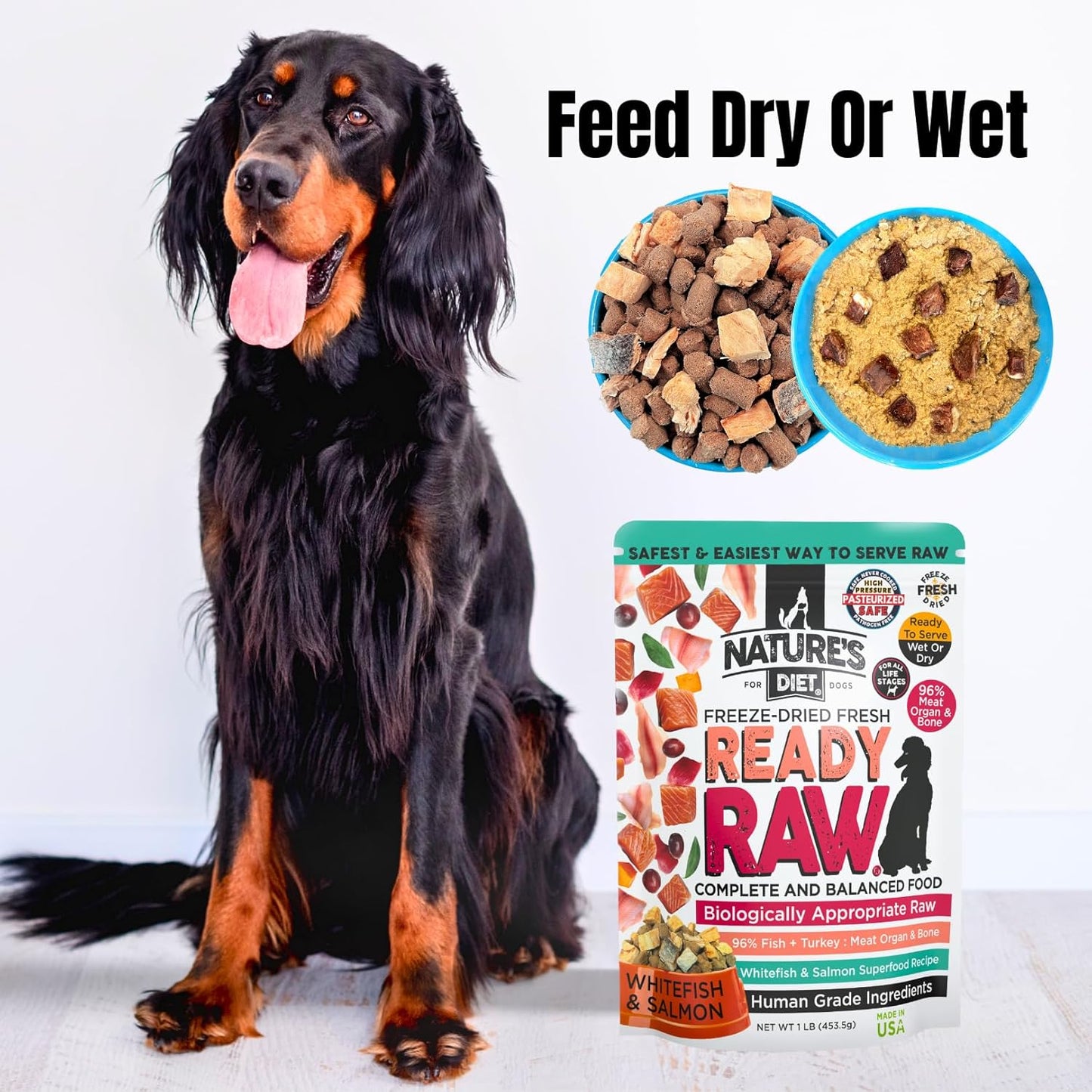 Nature's Diet Ready Raw : Freeze-Dried Raw Dog Food, Salmon & Whitefish, Human Grade, High Pressure Pasteurized (HPP), 96% Meat, Organ, Bone, Safe & Natural, Dry or Wet Feeding