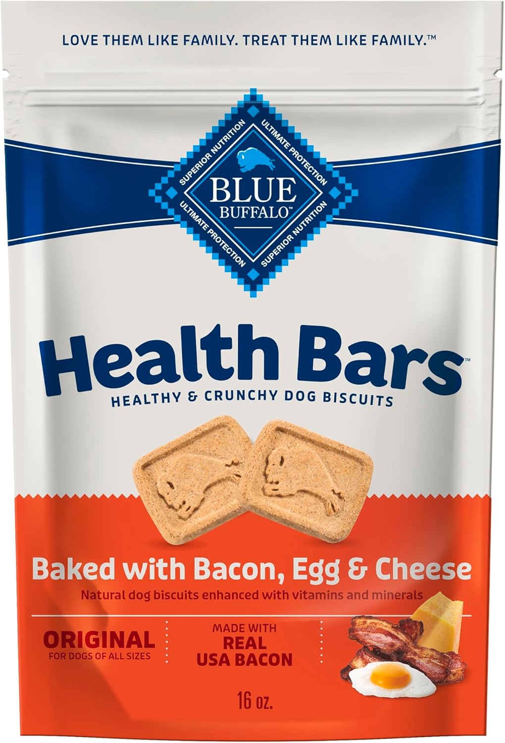 Blue Buffalo Health Bars Crunchy Dog Biscuits, Oven-Baked with Natural Ingredients, Bacon, Egg & Cheese, 16-oz Bag