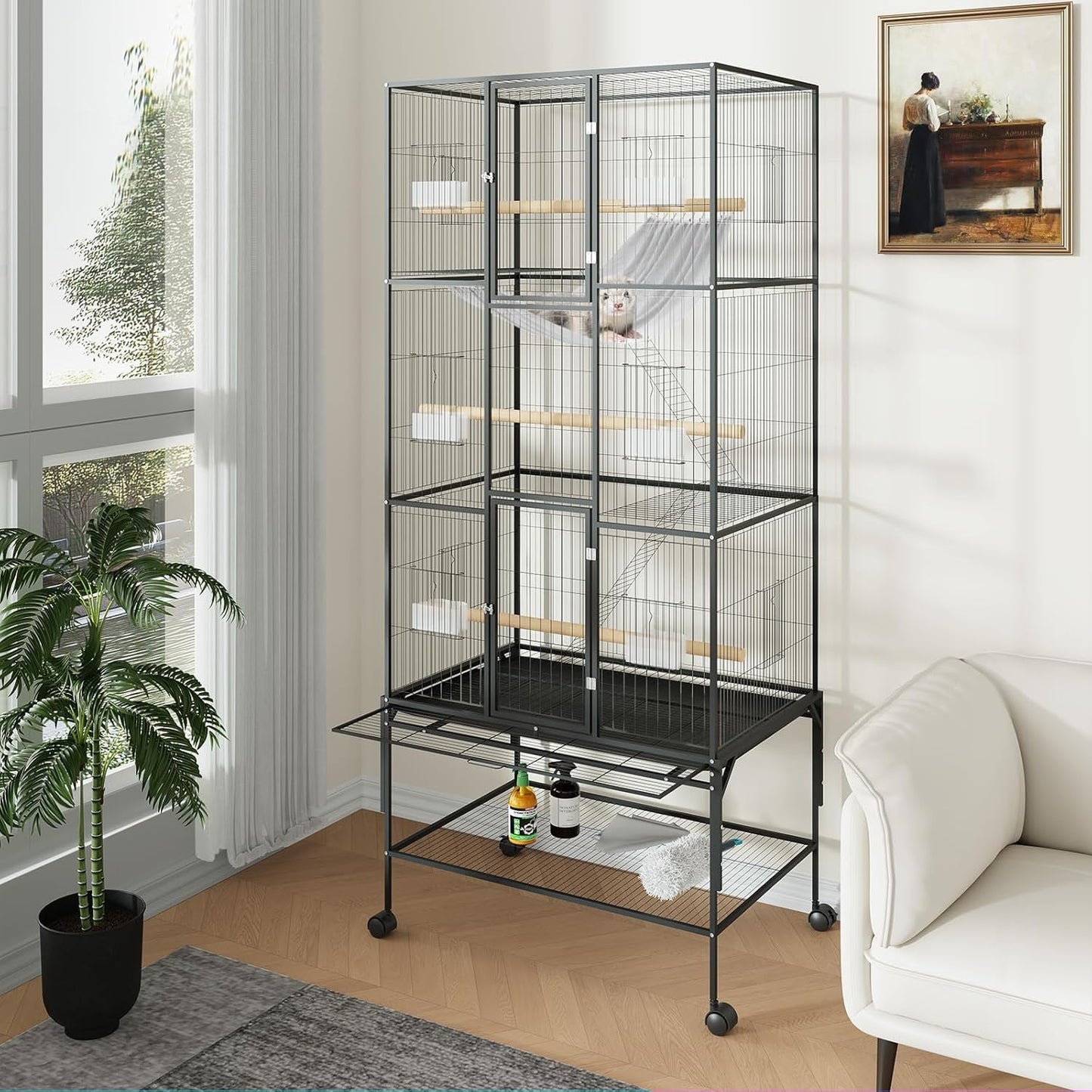 69 Inch Extra Large Bird Cage, Wrought Iron Tall Parrot Cage with Rolling Wheels, Storage Shelf, Slide-Out Tray, Bowls for Mid-Sized Parrots Cockatiels Conures Parakeets Lovebirds Budgie Finch