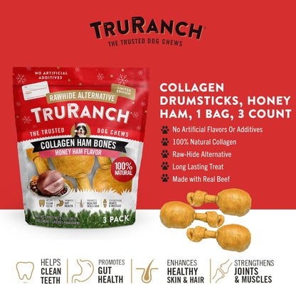 TRURANCH Collagen Drumsticks, Honey Ham, 1 Bag, 3 Count, Holiday Limited Edition, Stocking Stuffer, All-Natural Hydrolyzed Collagen, Rawhide Free, for Small, Medium and Large Dogs