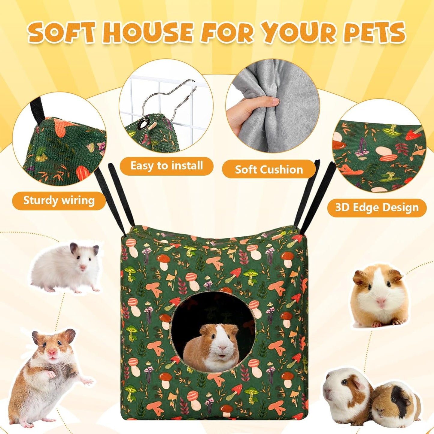 Geelin 8 Pcs Rat Hammock Ferret Hammock for Cage Rat Bed Guinea Pig Hanging Tunnel Glider Toy Ferret Hideout Bed Cage Accessories for Small Animals Hamster Chinchilla Sugar Squirrel, Mushroom Style