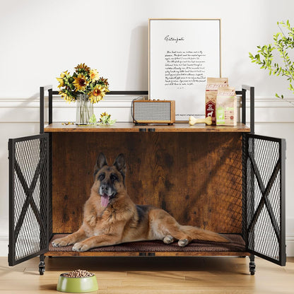 41'' Heavy Duty Dog Crate Furniture with Lockable Wheels, Decorative Wooden Dog Cage End Table, Double Door Indoor Pet Kennel with Cushion for Small, Medium & Large Dogs Up to 100 Lbs