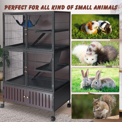 60" Large Metal Ferret Cage, Multi-Level Chinchilla Cages with Lockable Doors,3 Metal Ramps, 4 Wheels, Small Animal Cage with PP Trays & Storage Cabinet for Chinchillas, Ferrets, Guinea Pigs, Rats