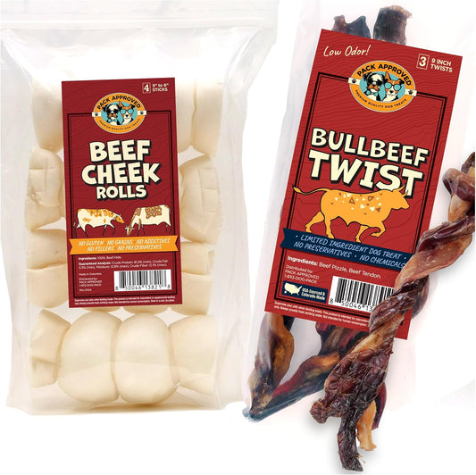 Long Lasting Dog Chews Bundle - Beef Cheek Rolls & Bull Beef Twists for Medium to Large Dogs