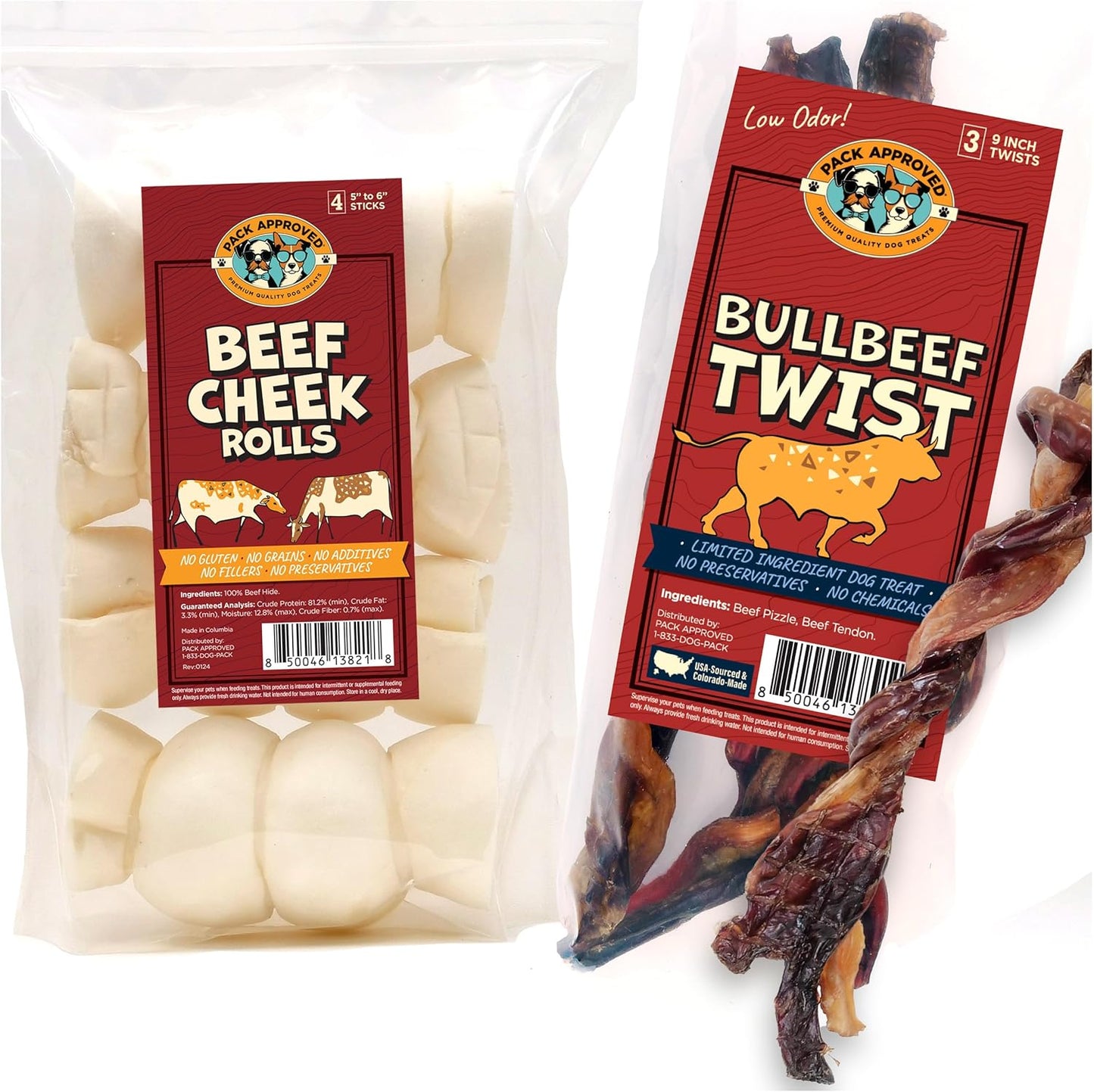 Long Lasting Dog Chews Bundle - Beef Cheek Rolls & Bull Beef Twists for Medium to Large Dogs
