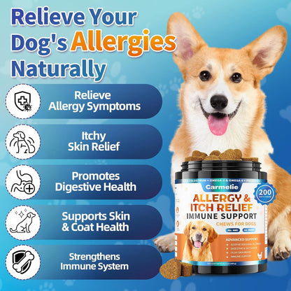 Dog Allergy Chews + Carmelie 24 in 1 Dog Multivitamin Chewable - 400 Treats - Seasonal Allergy Relief + Dog Vitamins for Hip & Joint, Skin & Coat, Immune Health (Chicken Flavor)