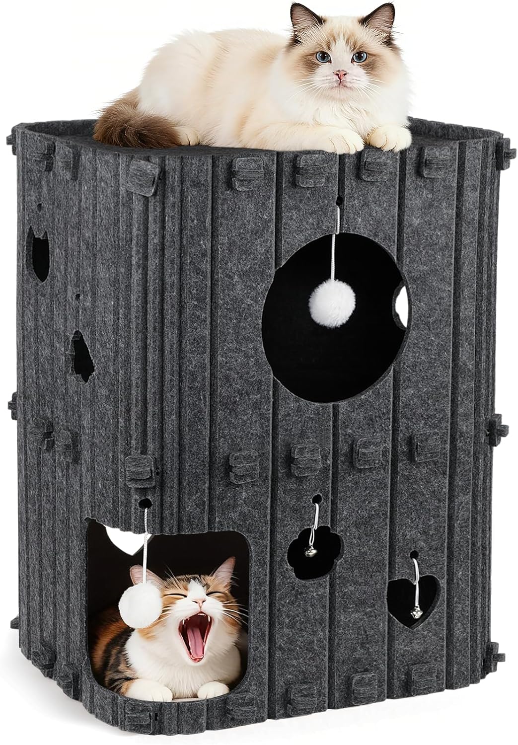 Cat House for Indoor Cats - 2-Story Enclosed Cat Bed Cave for Multiple & Large Cats, Felt Covered Pet Hideaway Tunnel Condo House, Kitty Hut Hideout Cube, Scratch Resistant, Gray