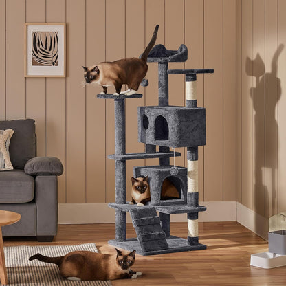 Yaheetech 54in Cat Tree, Multi-Level Cat Tower with Spacious Kitten-ear Perch, 2 Cozy Caves, Scratching Posts, Climbing Ladder, 2 Plush Balls, Durable Pet House Furniture for Indoor Kittens, Dark Gray