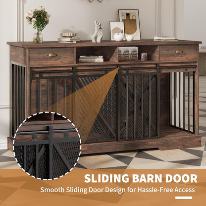 Double Dog Crate Furniture, 63” Large Dog Kennel Furniture with Divider and Sliding Doors, Heavy Duty Dog Kennel Furniture with Drawers and Shelves for Living Room, Retro Brown