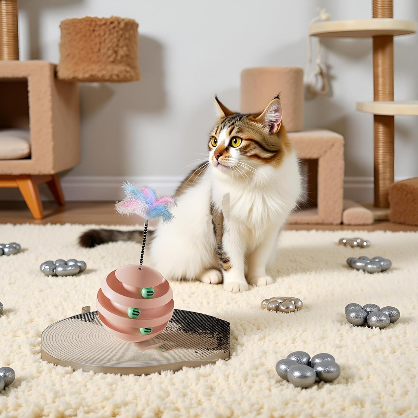 Interactive Cat Toy, Wobble Rotating Fun Tumbler Tunnels with Feather Sticks for Indoor Cats to Play Alone, Exercise & Reduce Anxiety (Pink)