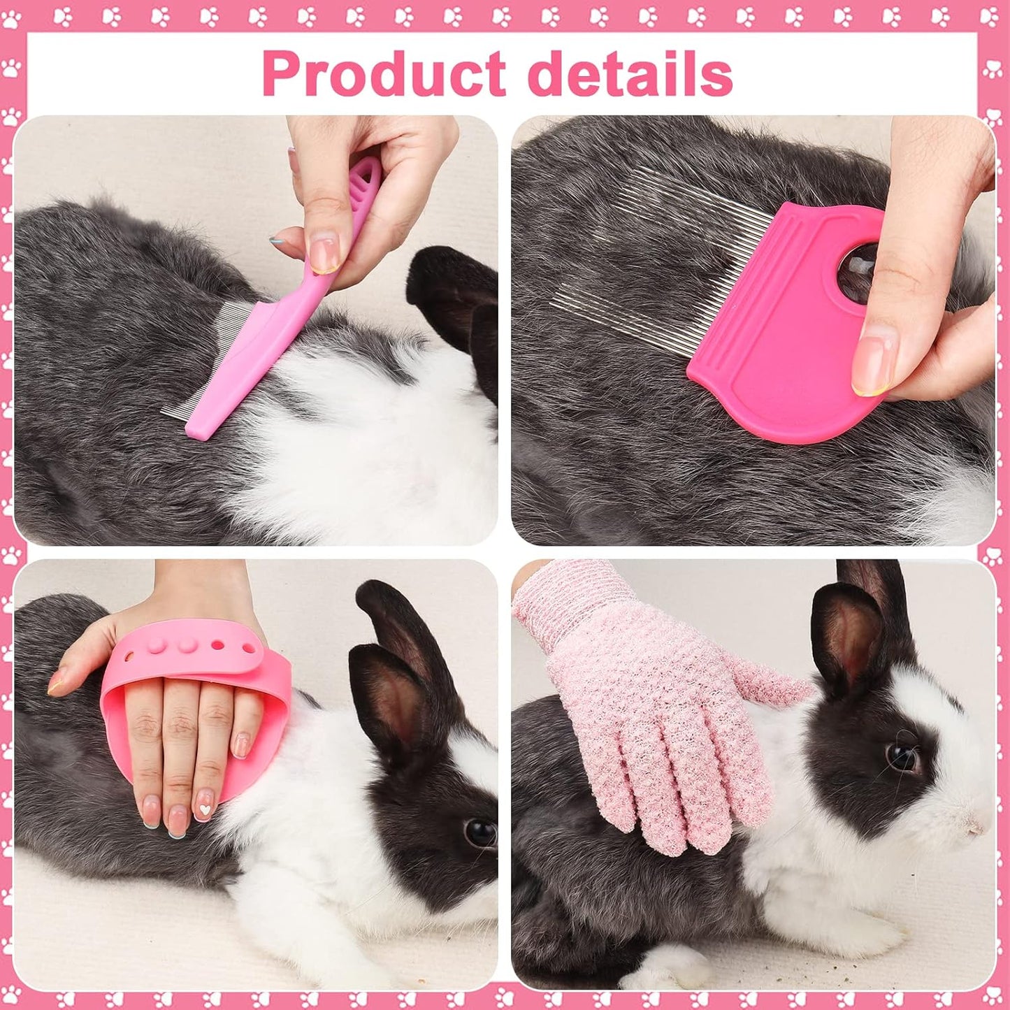 VCZONE Pink Small Animal Grooming Kit with Nail Clipper, Flea Comb, Shampoo Brush, Slicker Brush, Massage Glove for Rabbits