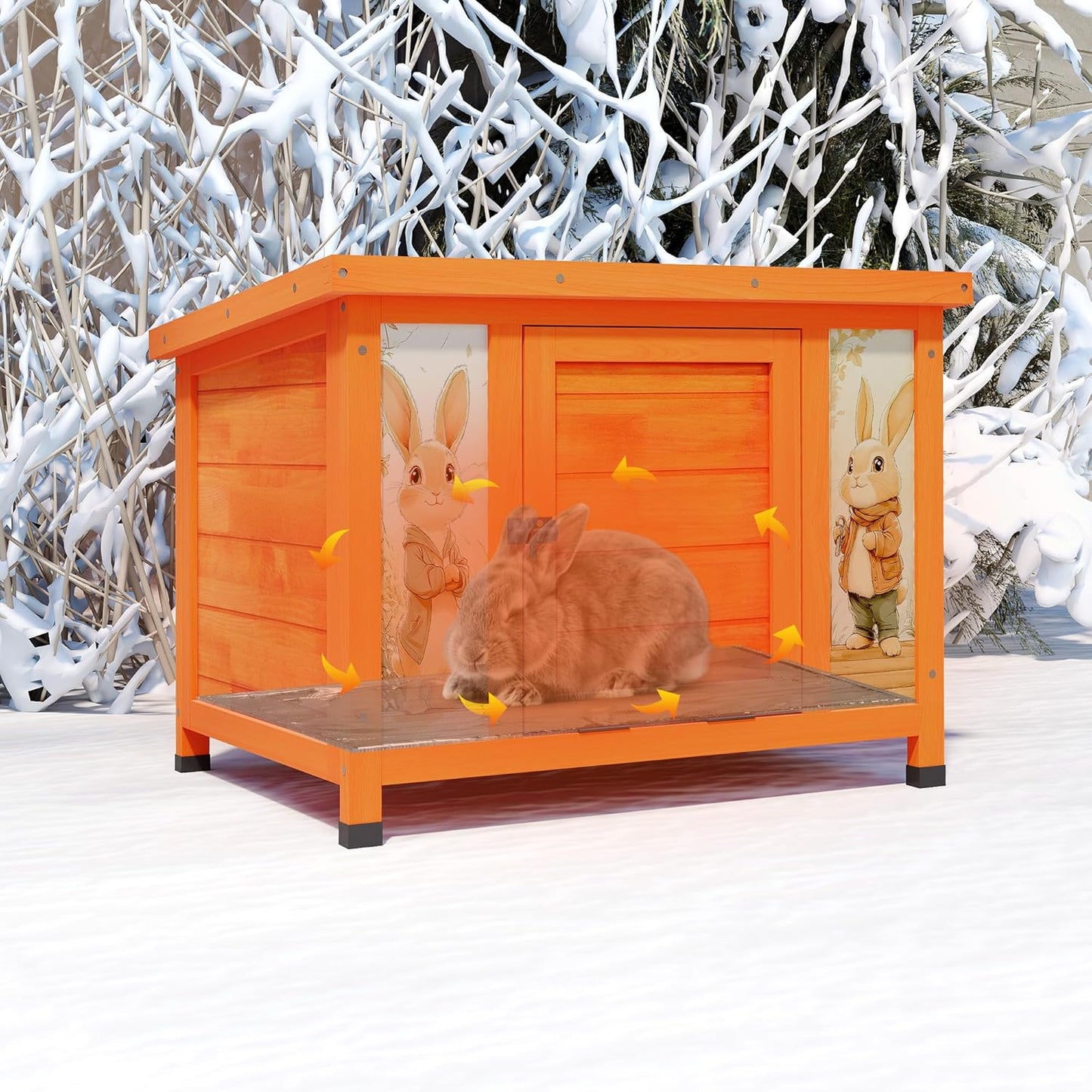 COZIWOW 24 Inch Rabbit Hutch with Insulation Layer, All-Weather Wooden Bunny Cage, Indoor Outdoor Weatherproof Pet Shelter for Winter, Rabbits/Cats/Chicken, Orange