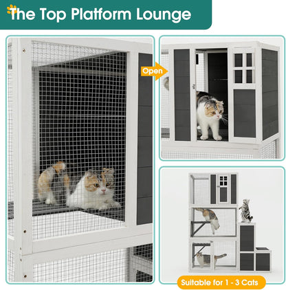 KEIKI Outdoor Cat Catio Enclosures 3-Tier Wooden Cat House with 4 Platforms and 2 Doors, Kitty House Shelter with a Jump Box for Hiding and Resting, 71"H Tall Kitten Cage for 1-3 Pets, UV-Proof, Gray