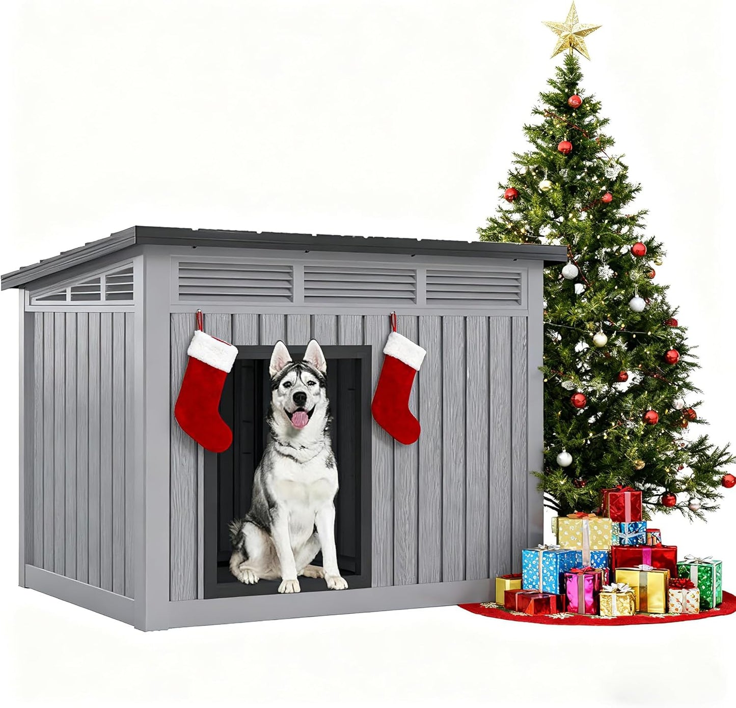 Fancyango Large Dog House for Indoor & Outdoor - Weatherproof & Removable Roof, Fits Small to Large Dogs (42.8" L x 33" W x 31.5" H) - Grey