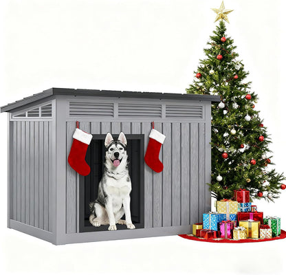 Fancyango Large Dog House for Indoor & Outdoor - Weatherproof & Removable Roof, Fits Small to Large Dogs (42.8" L x 33" W x 31.5" H) - Grey