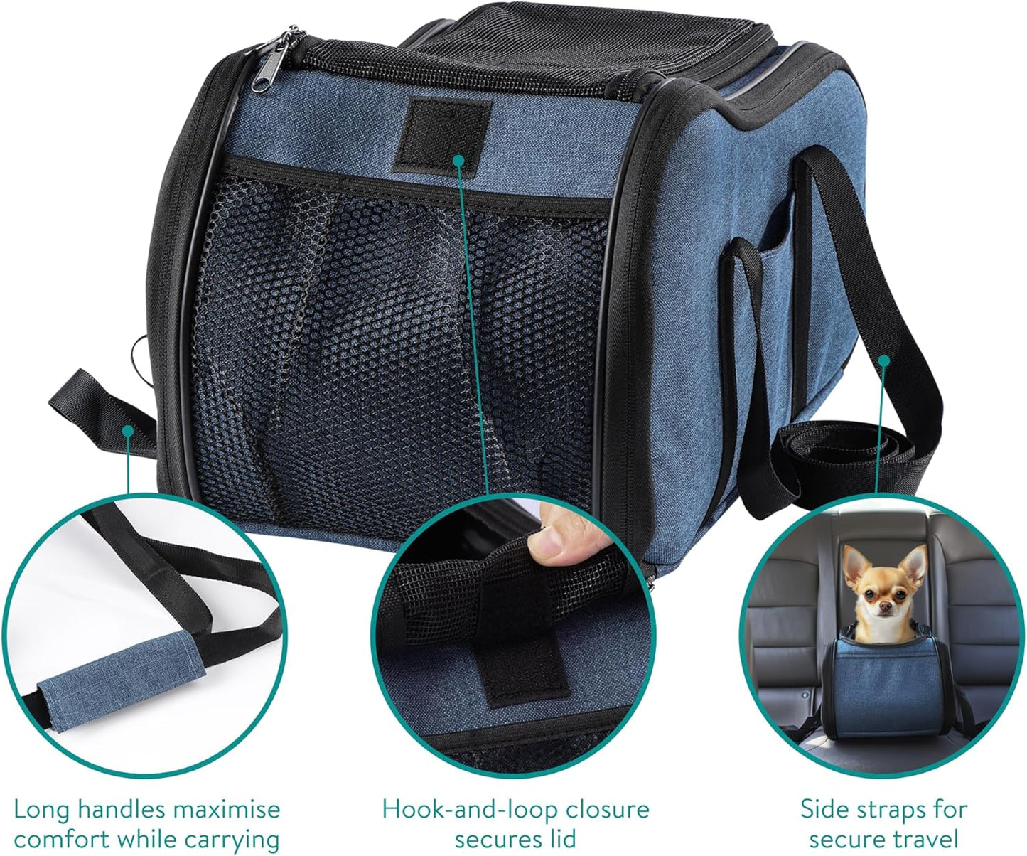 Navaris Dog Car Seat - Secure and Comfortable Pet Carriers for Small Dogs - Centre Console Car Seats - Booster and Bed with Zipper, Leash, and Cushion - Cat, Dog & Puppy Travel Bag