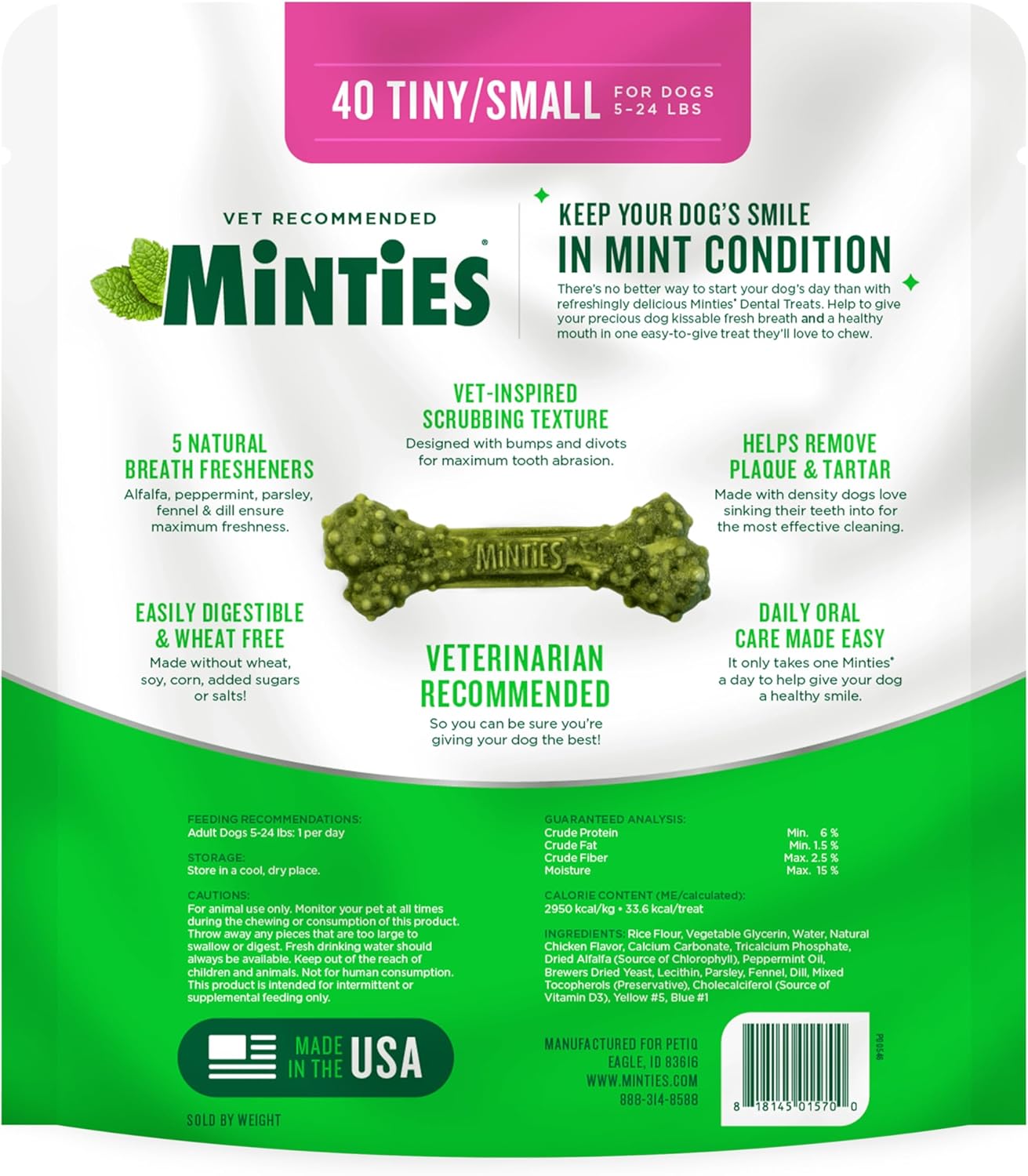 Minties Dog Dental Bone Treats, Tiny/Small Dental Dog Treats, 16 Ounces, Cleans Teeth, Fight Bad Breath, Removes Plaque and Tartar, 16 Count