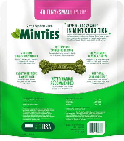 Minties Dog Dental Bone Treats, Tiny/Small Dental Dog Treats, 16 Ounces, Cleans Teeth, Fight Bad Breath, Removes Plaque and Tartar, 16 Count