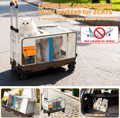 Large Cat Carrier with Wheels for 2 Cat, Double Rolling Pets Carrier on Wheel, Folding Soft-Sided Carriers with Telescopic Handle, Shoulder Strap Removable Soft-Sided Bag for Car, Vet, Outing
