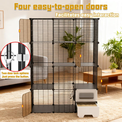 Cat Cage Indoor with Litter Box 4-Tier DIY Cat Crate, Cat Playpen Indoor & Outdoor Detachable Metal Wire Large Exercise Place Ideal