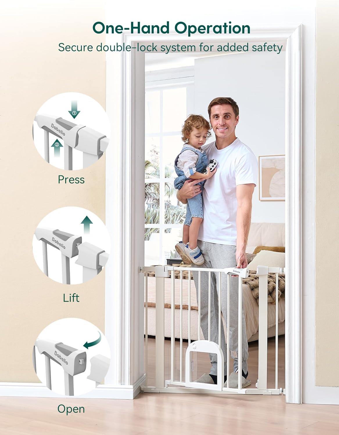 Babelio Baby Gate with Adjustable Cat Door,29-43" Auto Close Durable Pet door for Stairs,Doorways and House,Pressure Mounted,Easy Install,Effortless Walk Thru,White