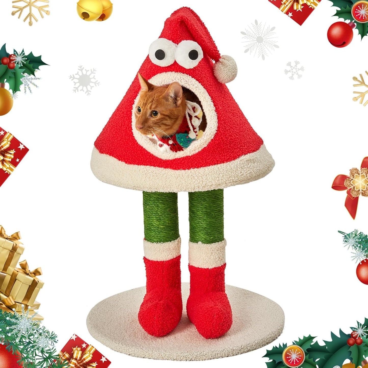 Christmas Cat Tree Tower –Santa Hat Design with Scratching Posts & Cozy Bed, Suitable for Small to Large Cats, Red