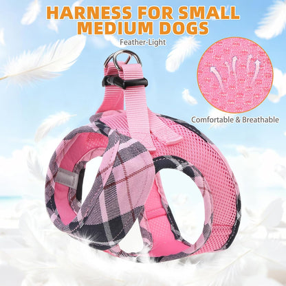 KOOLTAIL Small Dog Harness and Leash Set, Step in No Pull Soft Mesh Padded Pet Vest Harness Collar for Extra Small Size Dogs Cats Boy Girl, Breathable & Lightweight Plaid Puppy Harness, Pink XS