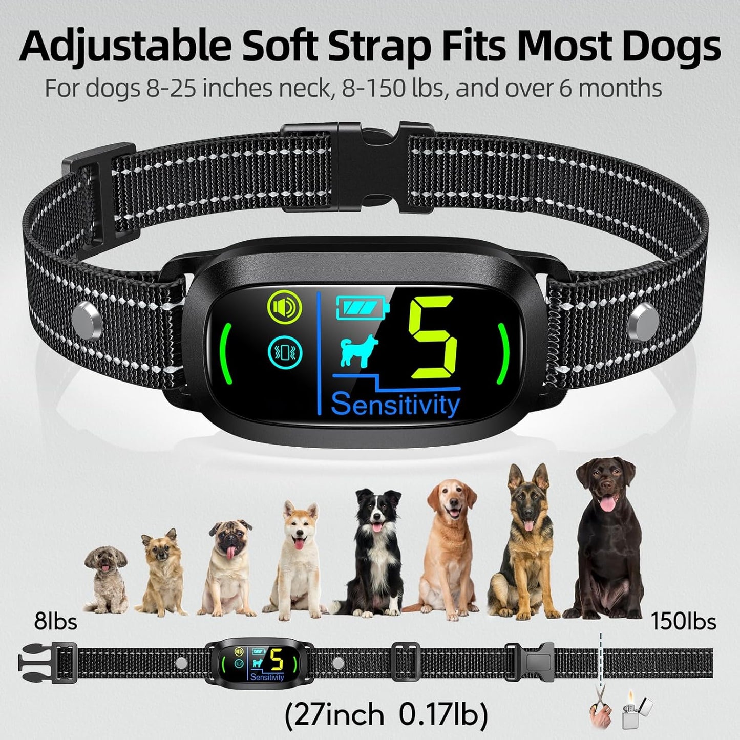 Dog Bark Collar for Large Medium Small Dogs, Rechargeable Smart Bark Collar, Anti Barking Training Collar with 5 Adjustable Sensitivity Beep Vibration (Black)