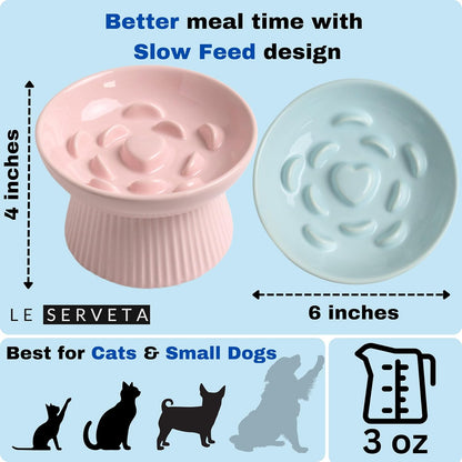 2 Pack Ceramic Slow Feeder Cat Bowl, Raised Puzzle Feeder, Anti-Vomiting, Elevated Food Bowl, Whisker Friendly (Blue, Pink)