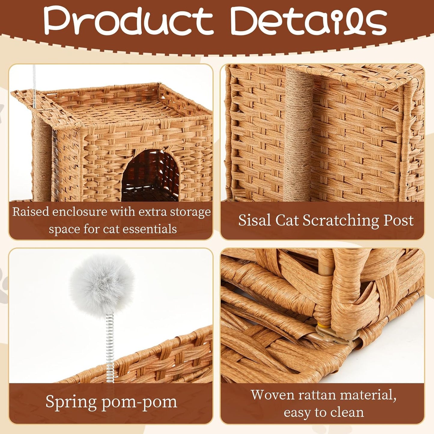 Rattan Cat Bed Cave Indoor Kitten House, Handwoven Hidden Cat Litter Box Enclosure Furniture, 18.5 x 13.78 x 12.6 Inches Pet Cube House, Foldable, Hideaway, with Fluffy Ball and Sisal Post