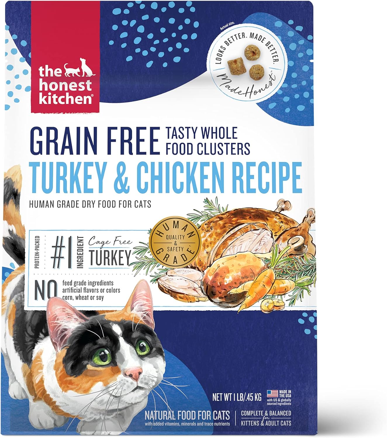 The Honest Kitchen Human Grade Whole Food Clusters Grain Free Turkey & Chicken Dry Cat Food, 1 lb Trial Pouch