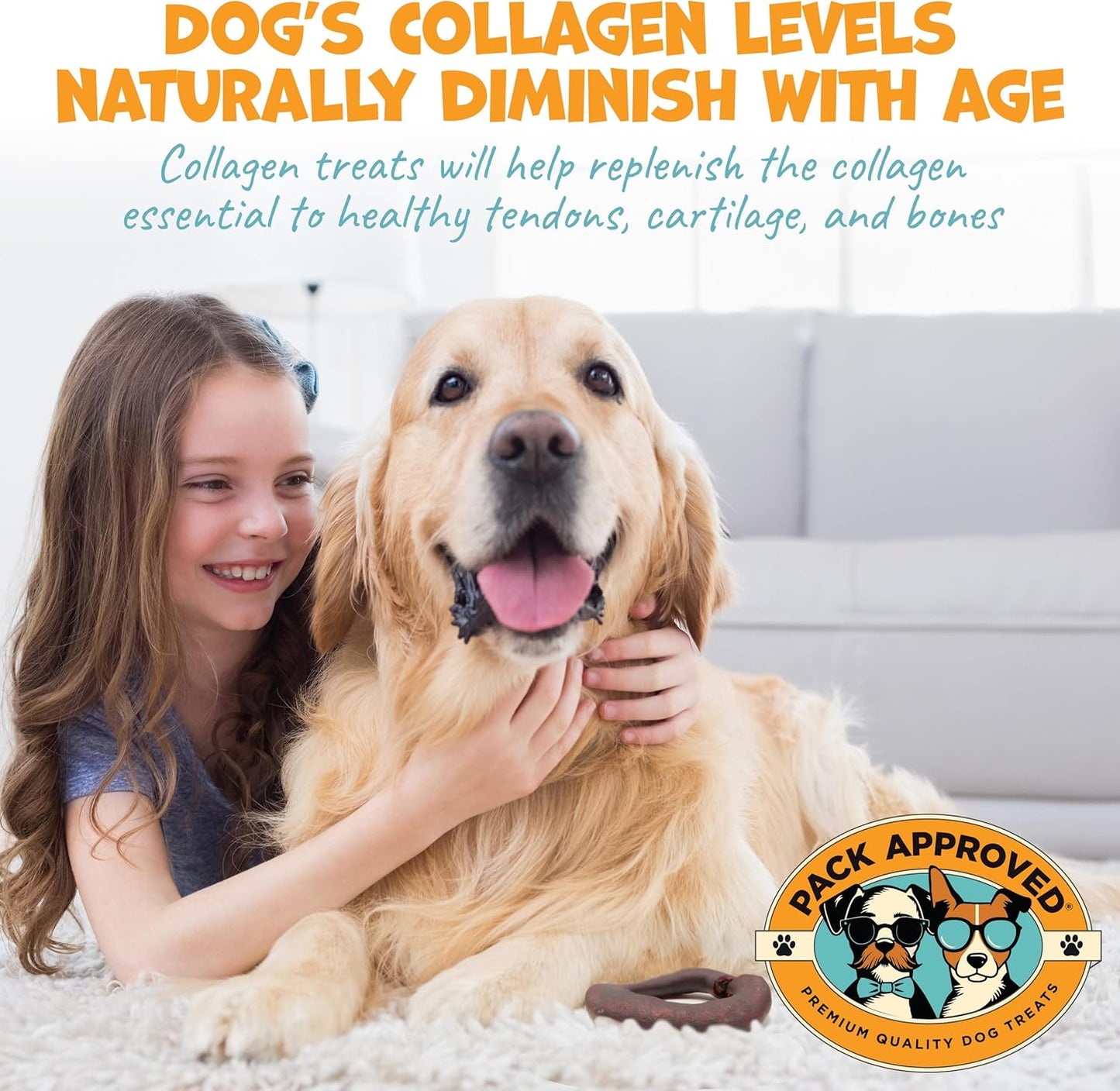 Beef Collagen Chews - Rawhide Free, Long Lasting - 100% Beef Corium, Single Ingredient Dog Treat - Puppy Teething Rings, Natural - 3.5" Rings, Pack of 4