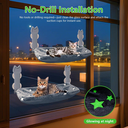 Cat Window Perch, Glow in The Dark Foldable Cat Hammock with Sunken Design & Removable Soft Cover, Breathable Cordless with Soft Edging Window Bed for Resting Indoor Kitten (Star Grey, 2 Pack)