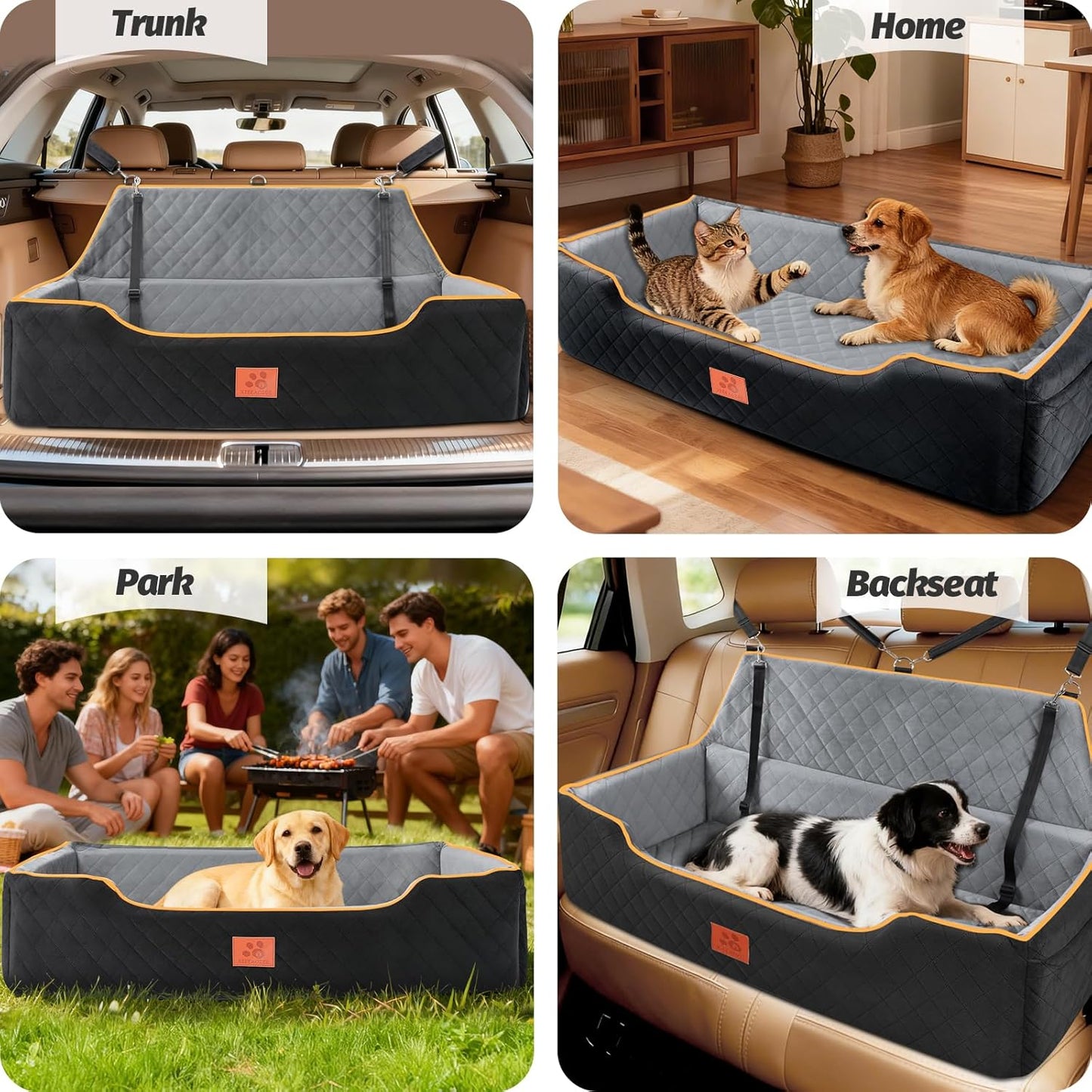 Large Dog Car Seat for Dods Under 100 Lbs, Memory Foam Dog Car Bed for Backseat & Trunk, Detachable and Washable Cover, Pet Travel Seat with Storage Pockets, 2 Safety Belts