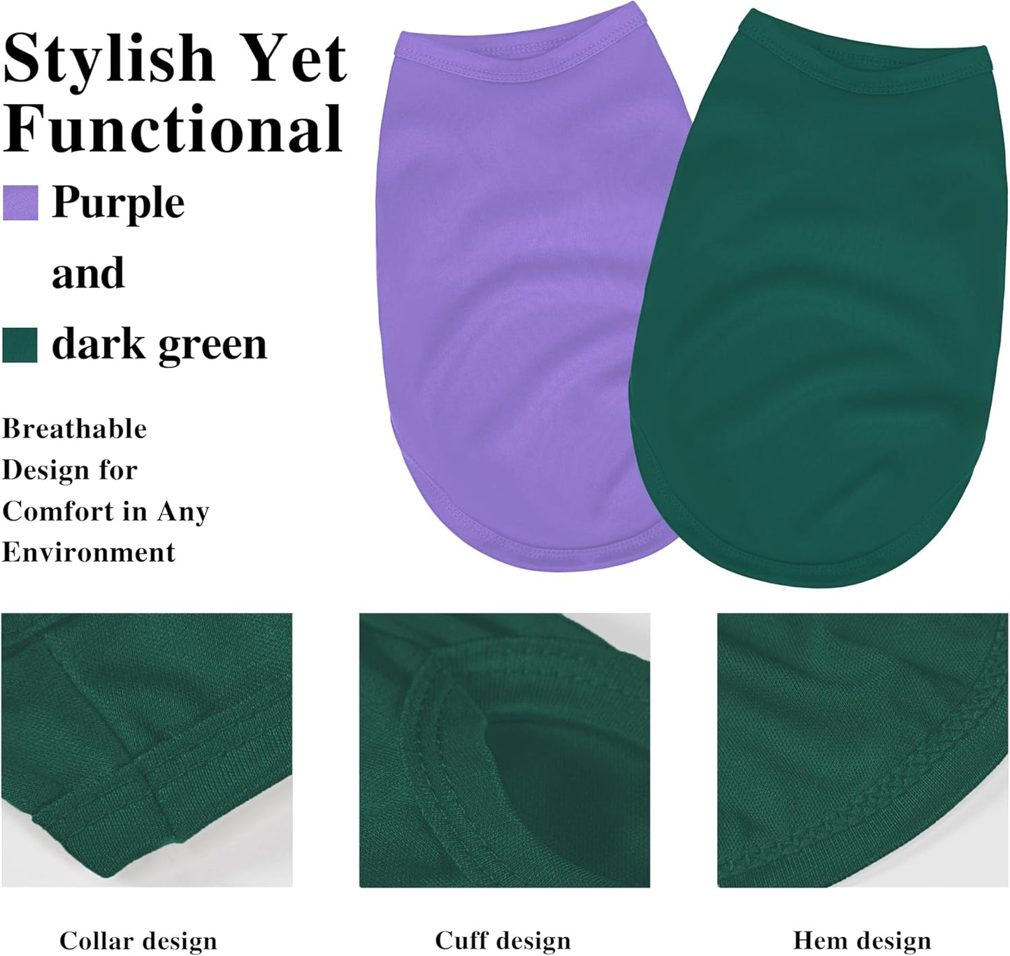 2 Pack Solid Color Dog Shirts - Lightweight, Quick Dry, Breathable Pet T-Shirts for Small to Large Dogs - Stretchy, Durable, Ideal for All Seasons and Holidays.Green Purple S