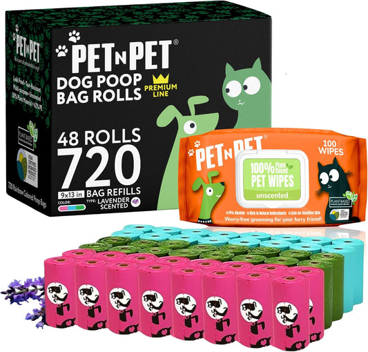 PET N PET 720 Counts, Colorful Poop Bags for Dogs, 38% Plant Based & 62% + 100% Plant Based Dog Wipes for Paws and Butt, 100 Counts Dog Pet Wipes, 8" x 8" Hypoallergenic Wipes