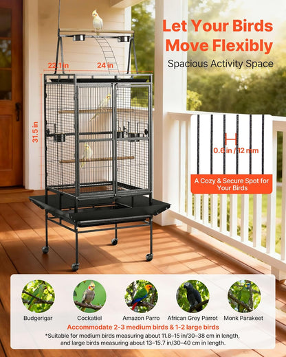 VEVOR Bird Cage, 32.7 x 31.1 x 82.7 inch, Open Flat Top, Wrought Iron Bird Flight Cage with Perches, Slide-Out Tray, Plastic Feeders, for Cockatiel, Monk Parakeet, Amazon Parrot, African Grey Parrot
