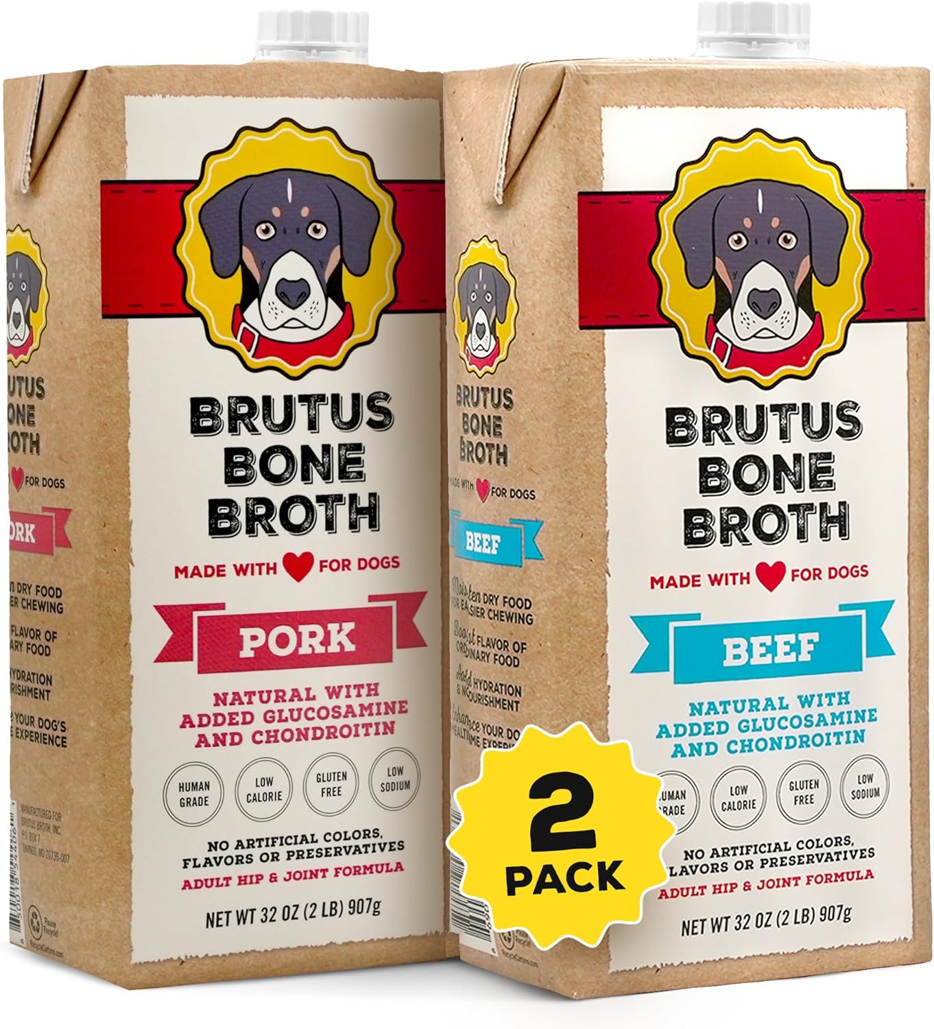 Brutus Broth for Dogs - All Natural Bone Broth for Dogs with Chondroitin Glucosamine Turmeric -Human Grade Dog Food Toppers - Beef and Pork Bundle