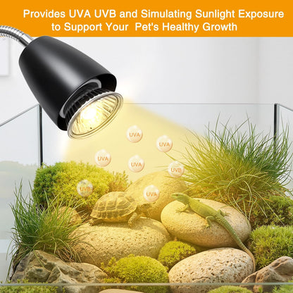 Reptile Heat Lamp, Turtle Heater Light with 2Pcs UVA UVB Bulb, 360° Rotatable Turtle Tank Basking Light with Clamp and Cycle Timer, Heat Lamp for Turtle Lizard Snake Amphibians