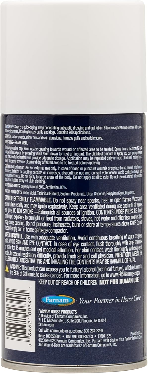 Farnam Wound-Kote Blue Lotion Spray Horse Wound Care for use on Horses and Dogs, Antiseptic Properties, for Minor Wounds, Cuts and Sores, 7 Oz.