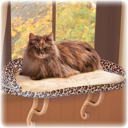 K&H Pet Products Bolster Kitty Sill Cat Window Perch Bed for Large Cats, Orthopedic Window Hammock Holds 40 lbs, Washable Cover, Indoor Windowsill Furniture Bed Seat - Tan/Leopard Unheated 14 X 24in