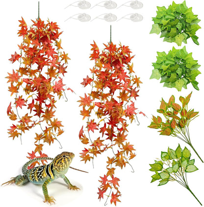 BNOSDM Reptile Plants Habitat Decorations with Suction Cup Terrarium Hanging Plant Bearded Dragon Tank Accessories Artificial Leaves Reptile Hide for Lizard Snake Leopard Gecko Chameleon (Red)
