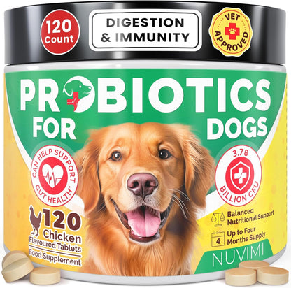 Probiotics for Dogs - Dog Probiotic & Prebiotic Tablets - Digestive Support Supplement for Gut Health, Tummy Relief, Itching, Diarrhea, Allergies, Bad Breath - 120 Chicken Flavor