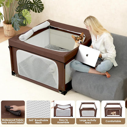 EHEYCIGA 42x42x26 Inches Puppy Playpen with Top Cover for Dogs & Cats Indoor or Outdoor - Dog Playpen with Door, Dog Fence for Small Animal with Heavy-Duty Oxford & Steel Frame, Brown