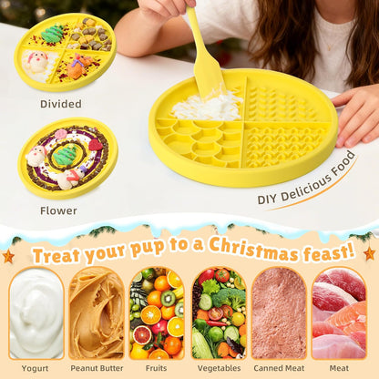 2 in 1 Slow Feeder Dog Bowls with Suction Cups,Silicone Lick Mat for Dogs-DIY Wet Food & Dishwasher Safe, Slow Feeder Bowl for Cats Dog, Lemon, Spatula+UU Bowl+Divided Lick Pad