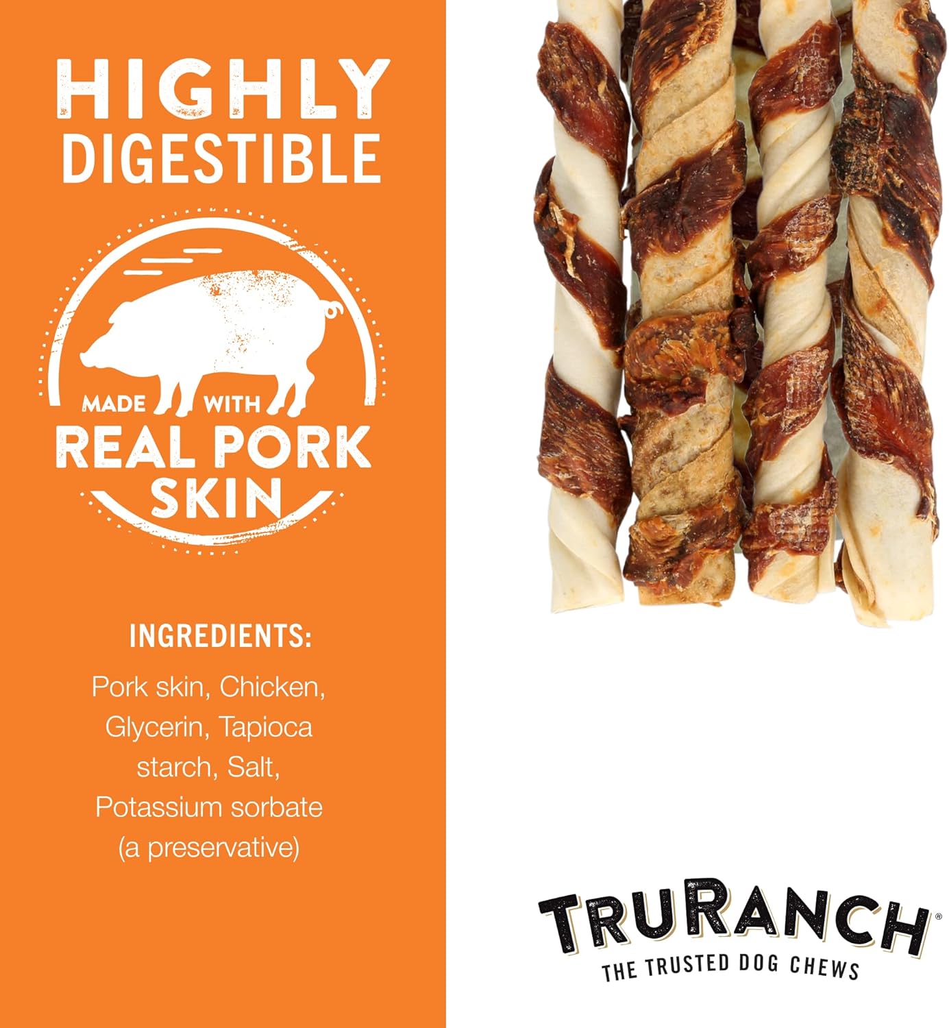 TRURANCH 6" Pork Skin Twists - Collagen Chews for Dogs - Chicken Wrapped Jerky - Made with Real Pork Skin - Rawhide Alternative - Limited Ingredient - Easy to Digest Treat, 1 Bag, 9 Count