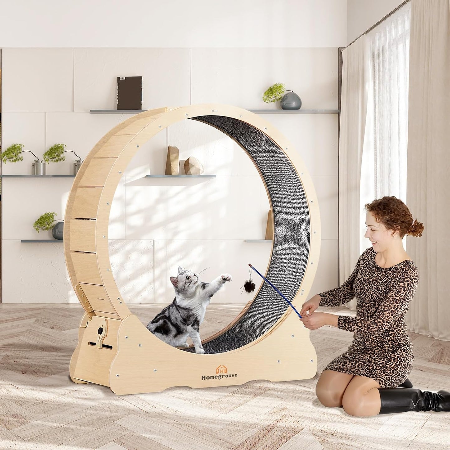 Homegroove 35.4 Inch Cat Exercise Wheels for Indoor Cats, Versatile Cat Toy Running Wheel Treadmill with Detachable Carpet for Weight Loss and Health, Natural Wood Color(M)