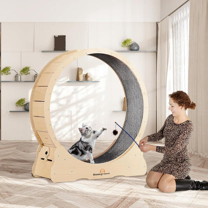 Homegroove 35.4 Inch Cat Exercise Wheels for Indoor Cats, Versatile Cat Toy Running Wheel Treadmill with Detachable Carpet for Weight Loss and Health, Natural Wood Color(M)