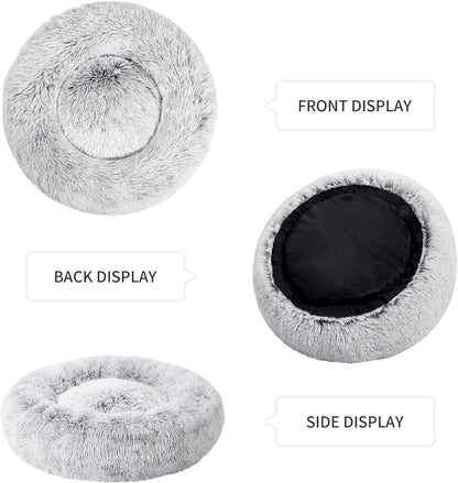 Love's cabin Calming Cat Bed for Indoor Cats, Anti-Anxiety Donut Round Dog Bed, Fluffy Faux Fur Washable Pet Bed for Small Medium Dogs and Cats,Grey,20in